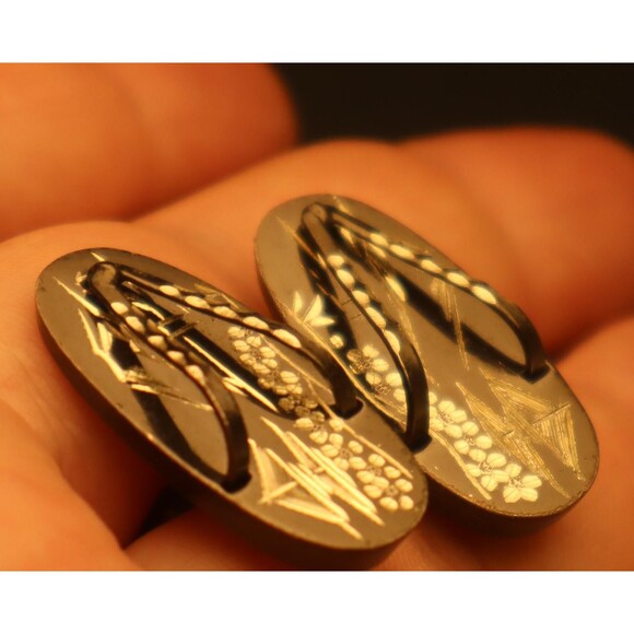 Sterling Japanese Sandal Cuff Links Engraved Zori Japanned - Picture 2 of 5